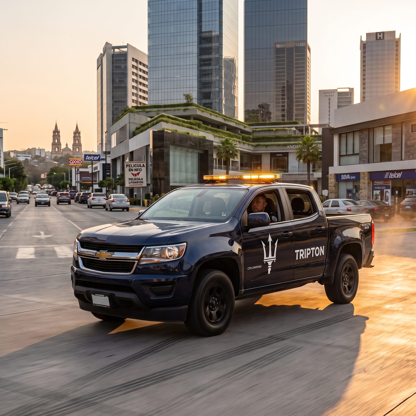 Tripton security truck in the city at dusk
