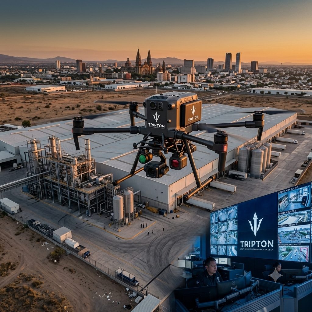 Tripton surveillance drone flying over an industrial warehouse