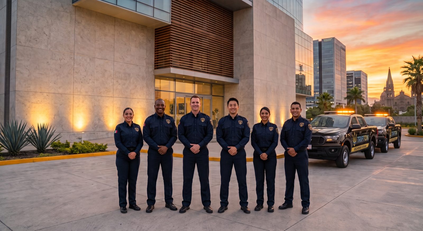 Tripton security guards in front of their units in Guadalajara