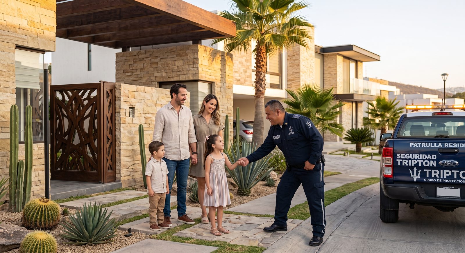 Guardia Tripton recibiendo a una familia en acceso residencial