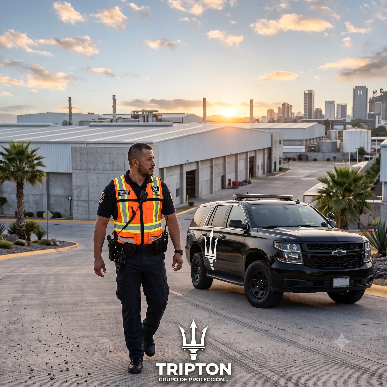 Guard in a high-visibility vest on industrial patrol