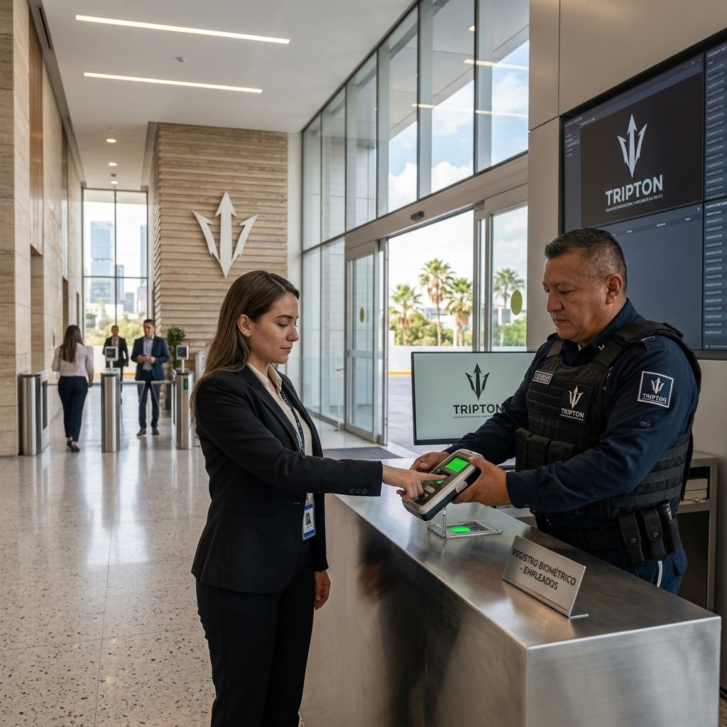 Guardia entregando credencial de visitante en lobby corporativo