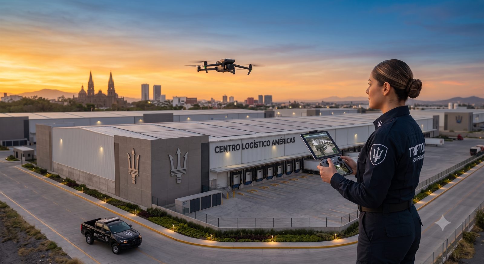 Guardia de Tripton operando un dron de vigilancia en centro logístico