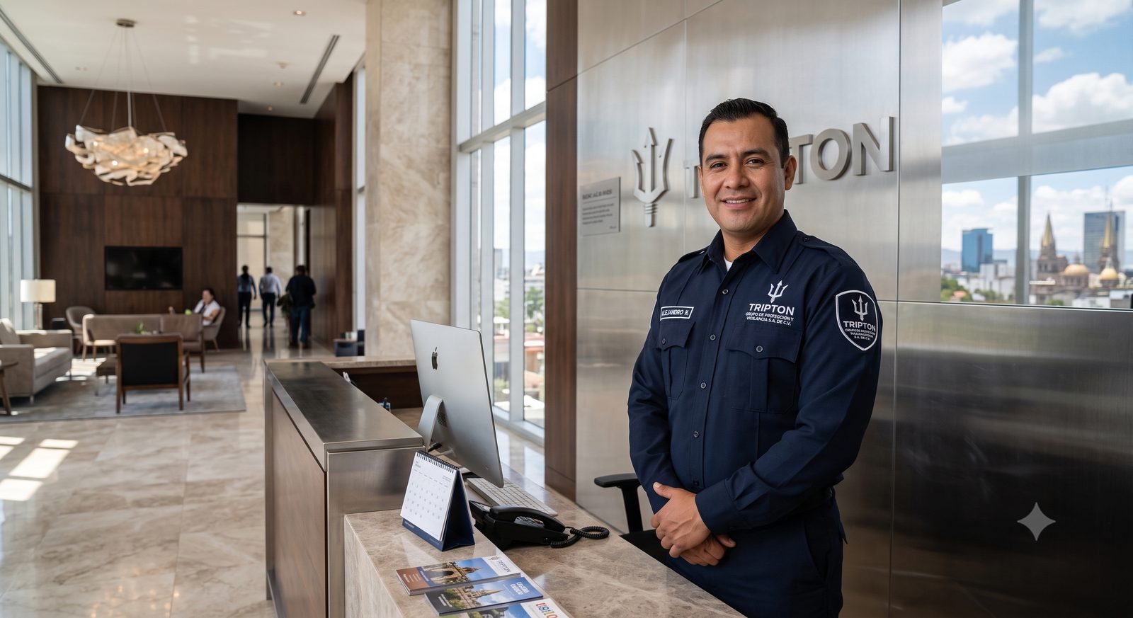 Tripton guard in the lobby of a corporate tower in Guadalajara